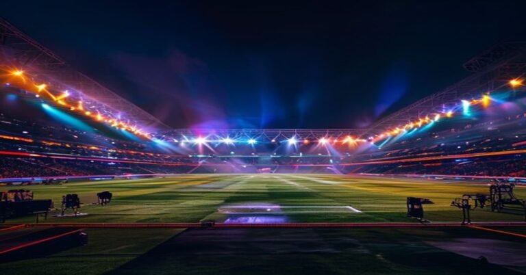 Production crew setting up the stage on a football pitch during a massive stadium event.