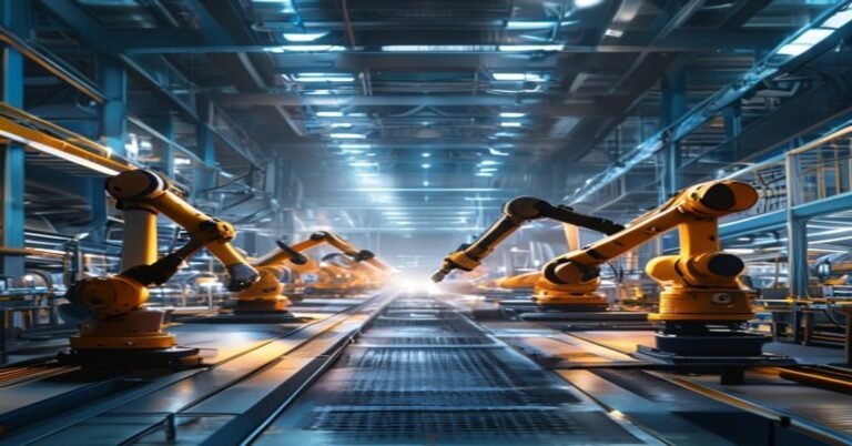 Robotic arms working on a steel production line in a modern factory.